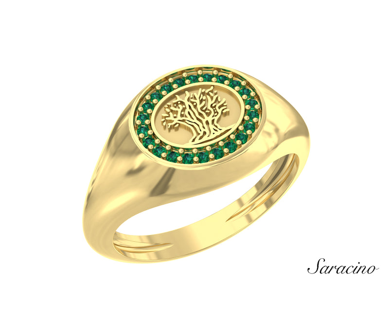 Patria Olive Tree Signet Ring w Emeralds Yellow Gold