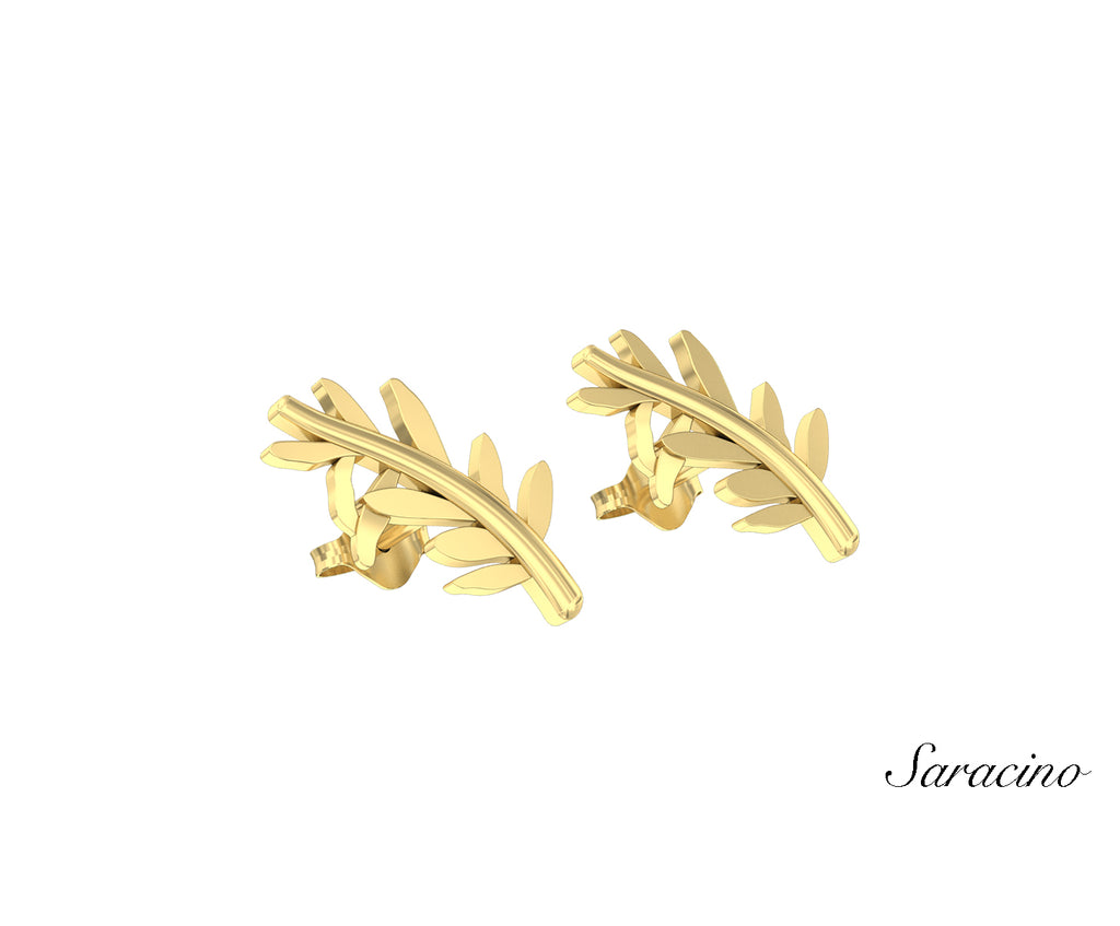 Patria Olive Branch Stud Earrings Yellow Gold